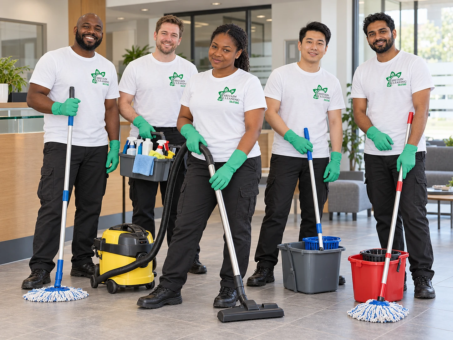 The Britain Cleaning Solutions team in uniform with mops, buckets and a vacuum
