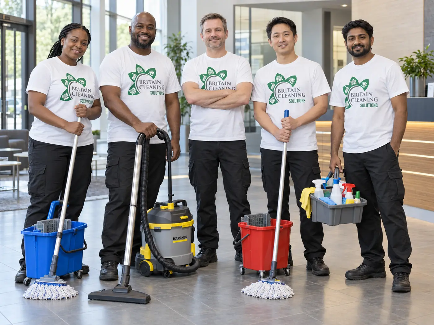 Five Britain Cleaning Solutions cleaners in uniform with mops, buckets and a vacuum in an office reception
