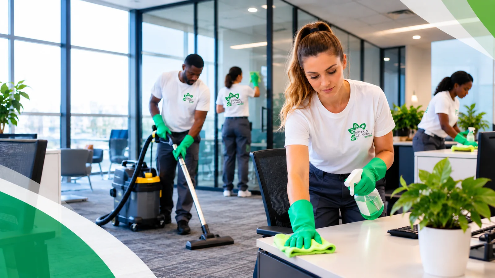 Britain Cleaning Solutions team vacuuming, wiping desks and cleaning glass partitions in an open-plan office