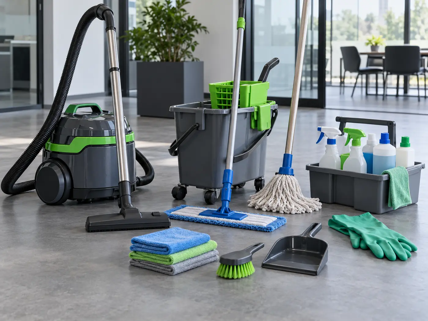 Maintained vacuum, mop bucket, flat mop, microfibre cloths and labelled cleaning products ready for site