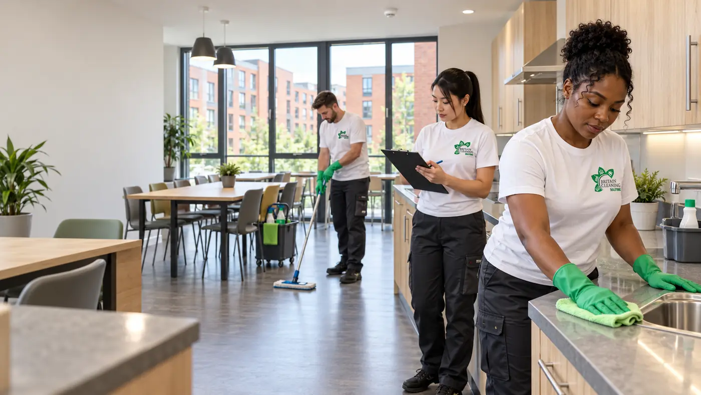 Three cleaners turning around a shared student kitchen and dining area, one checking a clipboard
